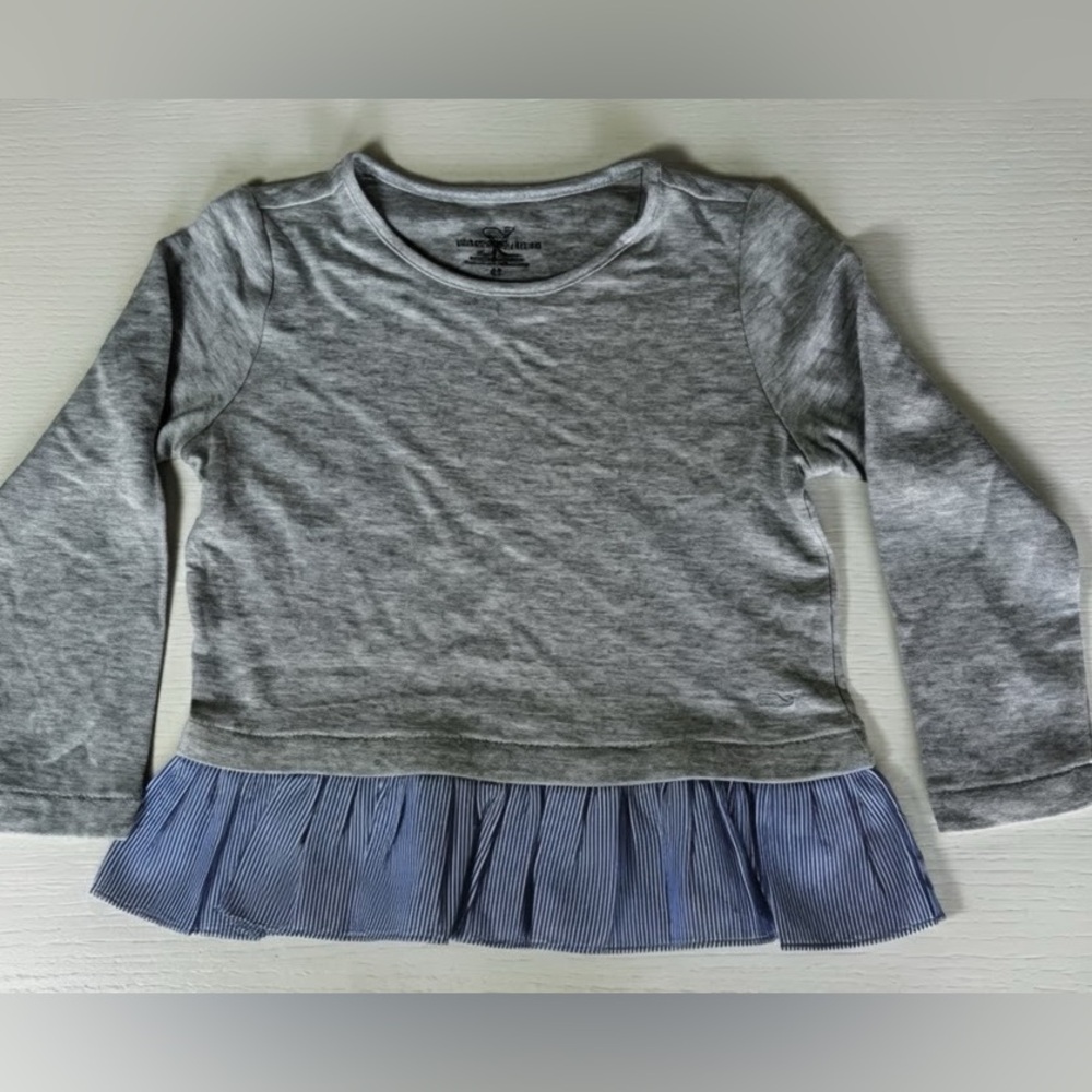 Girls' Vineyard Vines Grey Long-Sleeve Top with Blue Pleated Hem